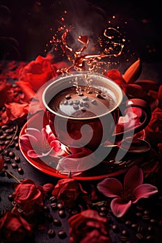 Pink flowers, leaves and coffee cup on dark background. Drinking cappuccino in summer or spring, coffee break.