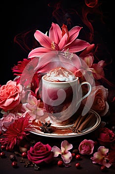 Pink flowers, leaves and coffee cup on dark background. Drinking cappuccino in summer or spring, coffee break