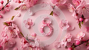 A pink flowers and leaves surround the number eight on a table, AI