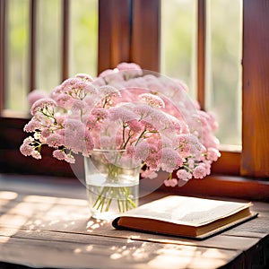 Pink Flowers With Old Book By Window
