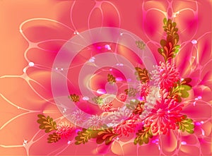 Pink flowers on orange background with dew and stars. EPS10 vector illustration