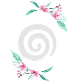 Pink flowers Oval Frame Watercolor Aqua Green Arch Floral Border Blooms