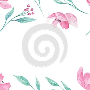 Pink Flowers Pattern Seamless Watercolor Aqua Green Floral Blooms