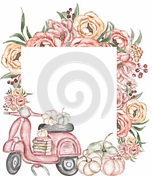 Pink Flowers and Pumpkin, books and scooter wreath Clipart, Watercolor Caramel flowers and greenery frame illustration, Vintage