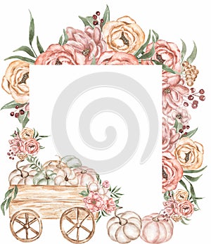 Pink Flowers and Pumpkin in the cart wreath Clipart, Watercolor Caramel flowers and greenery frame illustration, Vintage florals