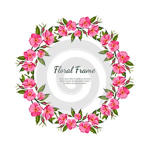 Pink Flowers Round Frame Card Template with Blooming Flowers, Elegant Floral Banner, Poster, Wedding Invitation