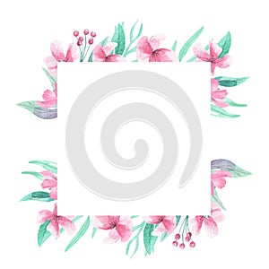 Pink flowers Square Frame Watercolor Aqua Green Arch Floral Border Blooms