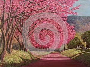 Pink flowers trees, original oil painting