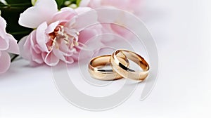Pink flowers and two golden wedding rings on white background. AI Generative