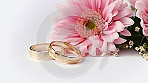 Pink flowers and two golden wedding rings on white background. AI Generative