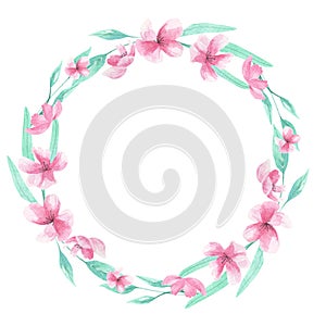 Pink flowers Watercolor Aqua Green Wreath Frame Arch Floral Border Blooms