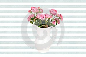 Pink flowers in white jug on watercolor blue stripes background.