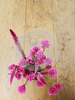 Pink flowers on wooden table