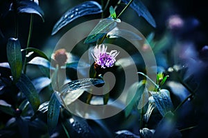 A pink fluffy cornflower flower blooms among dark leaves and field grasses. Summertime