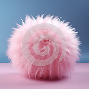 Pink fluffy fur ball on blue background. 3d render illustration.