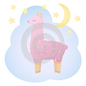 Pink fluffy lama with stars and crescent moon