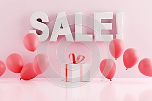 Pink flying air helium balloons with the text SALE on the wall. Sale discount price retail shopping announcement