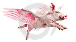 Pink flying pig with wings isolated on transparent background.