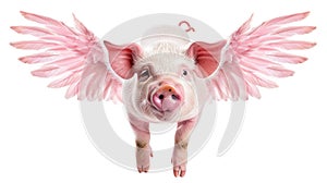 Pink flying pig with wings isolated on transparent background.