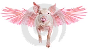 Pink flying pig with wings isolated on transparent background.