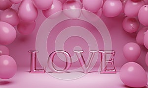 Pink foil love ballon with flying balloons in studio space. Valentines day, birthday party, mother`s day, wedding, baby shower an