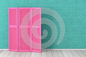 Pink Folding Wooden Dress Screen in front of Brick Wall. 3d Rendering