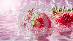 Pink fresh watery strawberries in water with splash and bubbles background