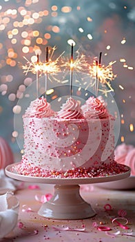 Pink Frosted Birthday Cake With Sparklers