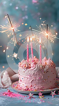 Pink Frosted Birthday Cake With Sparklers