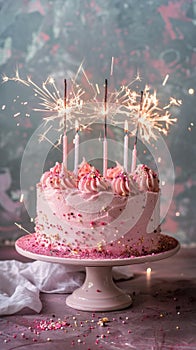 Pink Frosted Birthday Cake With Sparklers