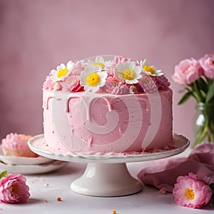 Pink frosted cake with flowers