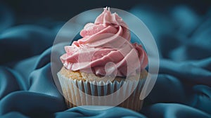 Pink frosted cupcake on blue satin background