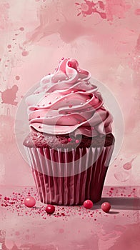 Pink frosted cupcake with sprinkles on a textured background