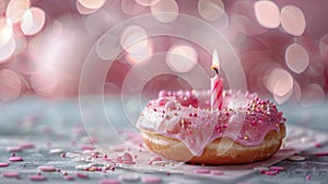 Pink Frosted Donut With Candle