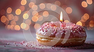 Pink Frosted Donut With Candle photo