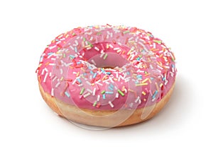 Pink frosted donut with colorful sprinkles