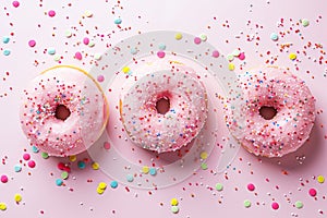 Pink Frosted Donuts Sprinkled With White Nonpareils on a Pastel Pink Surface