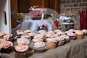 Pink frosted vanilla and chocolate cupcakes sit on a table cloth of burlap with other candies