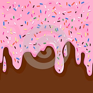 Pink frosting with colorful sprinkles dripping on chocolate background. Vector illustration