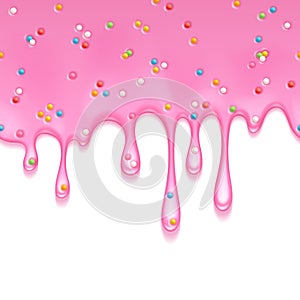 Pink frosting dripping background. Liquid flow.