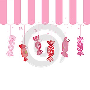 Pink fruity sweet candies. Traditional candies for Seker Bayram holiday background. Valentine`s Day, candy shop banner, greeting c