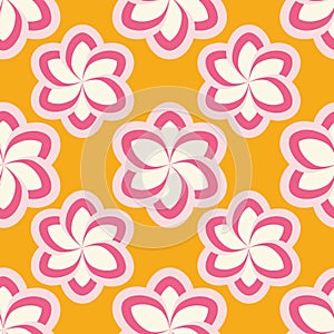 Pink and fuchsia stylized flowers on orange background seamless repeat.