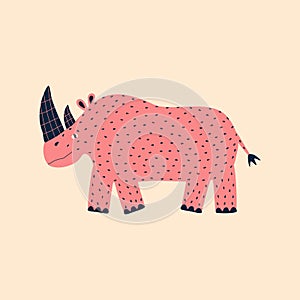 Pink funny rhino hand drawn vector illustration. Isolated cute safari animal in flat style for kids.