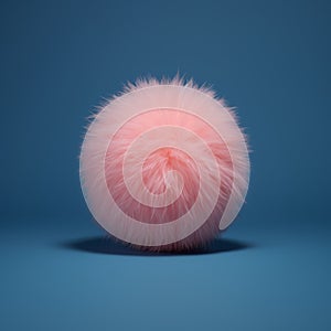 Pink fur ball on blue background. 3D rendering. Minimal style.
