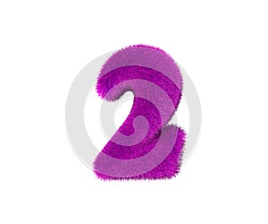 Pink fur font isolated on white - number 2, fashion concept 3D illustration of symbols