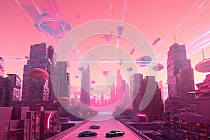 pink futuristic cityscape with flying cars, hoverboards, and holographic billboards