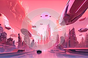 pink futuristic cityscape with flying cars, hoverboards, and holographic billboards