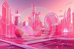 pink futuristic cityscape with flying cars, hoverboards, and holographic billboards