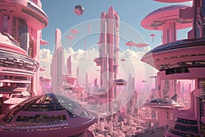 pink futuristic cityscape, with towering skyscrapers and hovercars zipping past