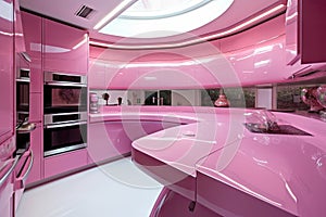 pink futuristic kitchen, with futuristic appliances and sleek counters